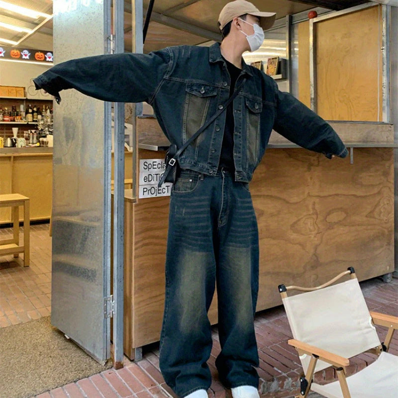 Threebooy Two Piece Set/single Piece Spring Autumn Jackets Jeans Tracksuit Trendy Vintage Loose Washed Old Jeans Set Male Street Outerwear