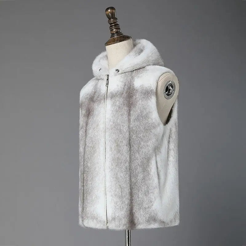 Threebooy American High-end Imported Imitation Mink Cross Vest Hooded Men Fur Coat Imitation Mink Vest Back Fur Integrated Vest Jacket