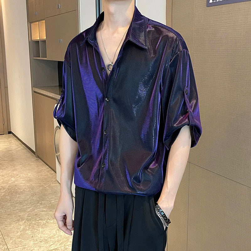 Threebooy Men Shiny Design Casual Shirt Trendy Handsome Shirts Fashion Loose Half Sleeve Tops Korean Style Personality Clothing