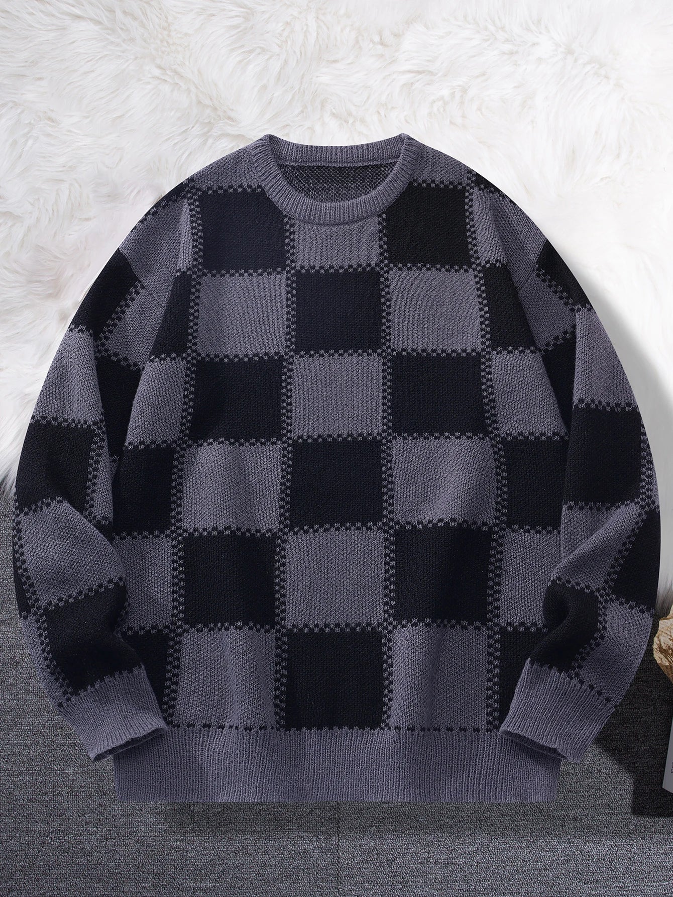 Threebooy New Popular Autumn Winter Plaid Jacquard Pattern Pullover Sweater Casual Round Neck Contrast Color Knitted Men's Pullover