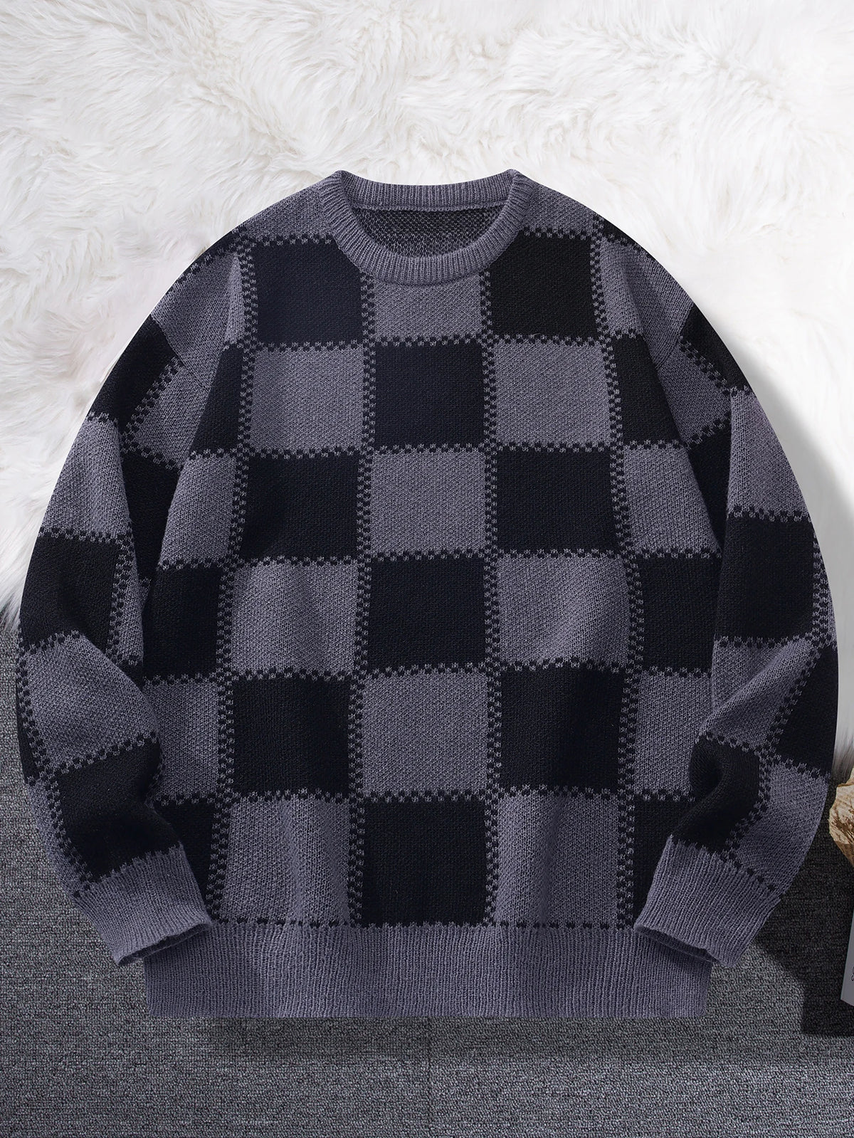 Threebooy New Popular Autumn Winter Plaid Jacquard Pattern Pullover Sweater Casual Round Neck Contrast Color Knitted Men's Pullover