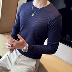 Threebooy Men's Spring Casual Long Sleeve T-shirts/Male Fashion Slim Fit Round Neck Striped T-shirt Man Tees Plus size 4XL-M