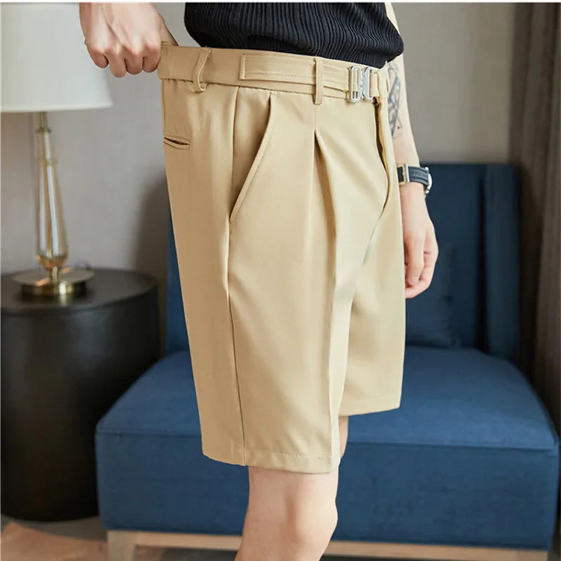 Threebooy Pleated Shorts Men Summer White Shorts Korean Fashion Casual Shorts Work Wear Clothes Breathable Comfort Slim Fit Bermudas