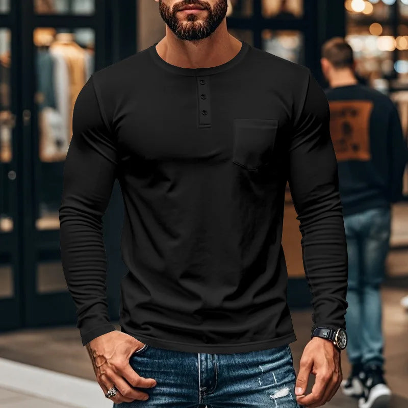 Threebooy  Spring Long Sleeve Skinny T-Shirt Men Autumn Crew Neck Pullover Tees Casual Bottom Shirt Henry Collar Tshirt Men's Top Tees