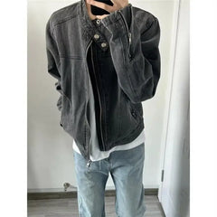 Threebooy  Punk Gray Denim Jacket Men's American Retro Heavy Industry Coat Metal Design Stand Collar Old Washed Short Spliced Street Jacket