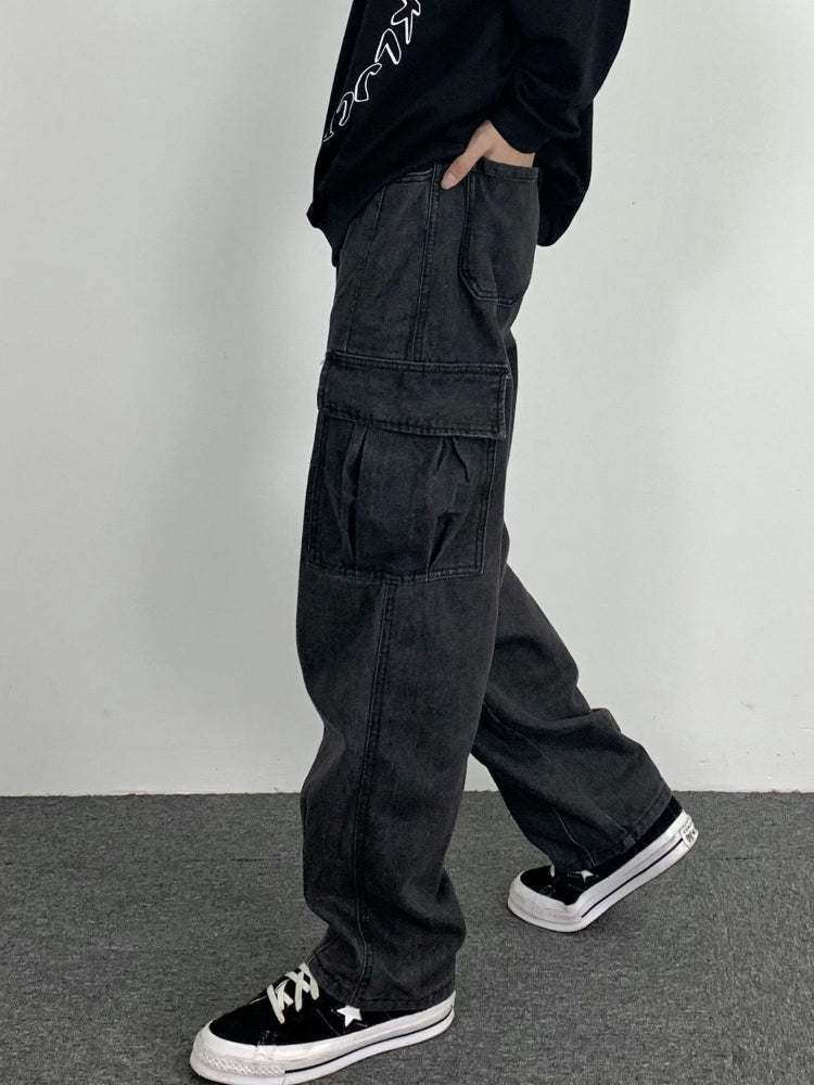 Threebooy Dark Straight Jeans Men's Korean Autumn Winter Kpop Vintage Black Denim Pants Women Popular Washed Loose Cargo Trousers