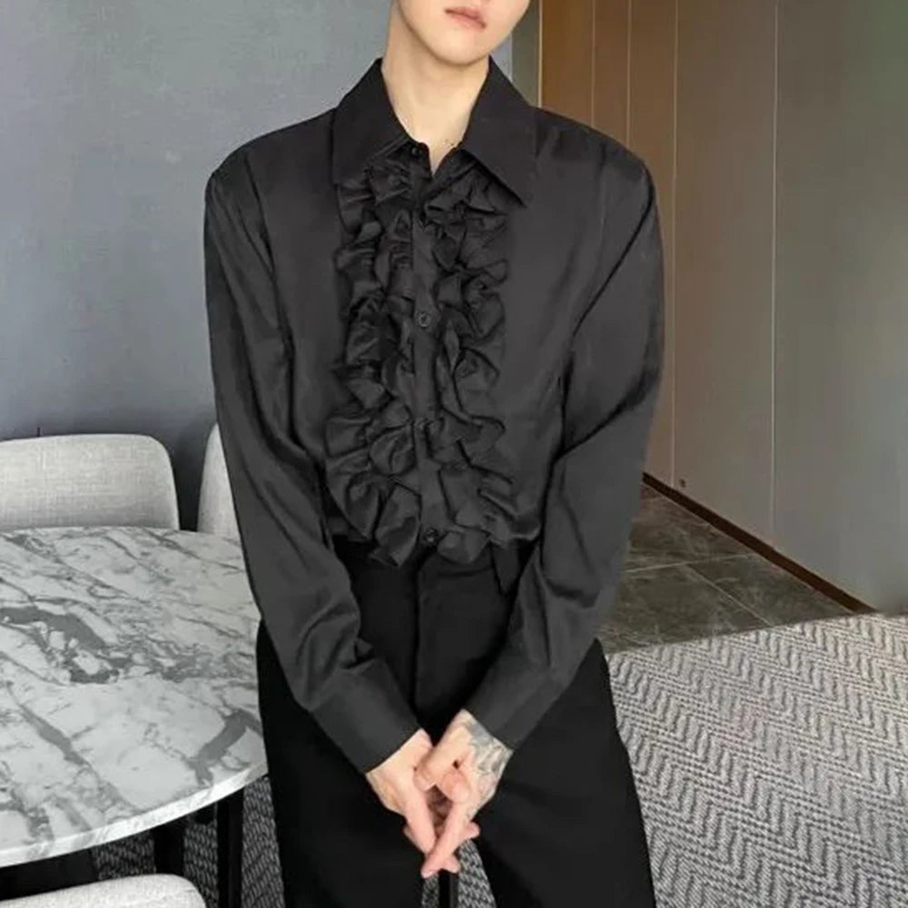 Threebooy Mens Palace Style Ruffled Long-Sleeved Shirt 2024 New Genderless Medieval Pleated Loose Retro Solid Color Stage Clothing Unisex