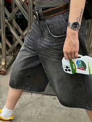 Threebooy  Summer New Style Drapey Over-The-Knee Cropped Pants Unisex Trendy American Heavy-Duty Loose Gradient Denim Shorts