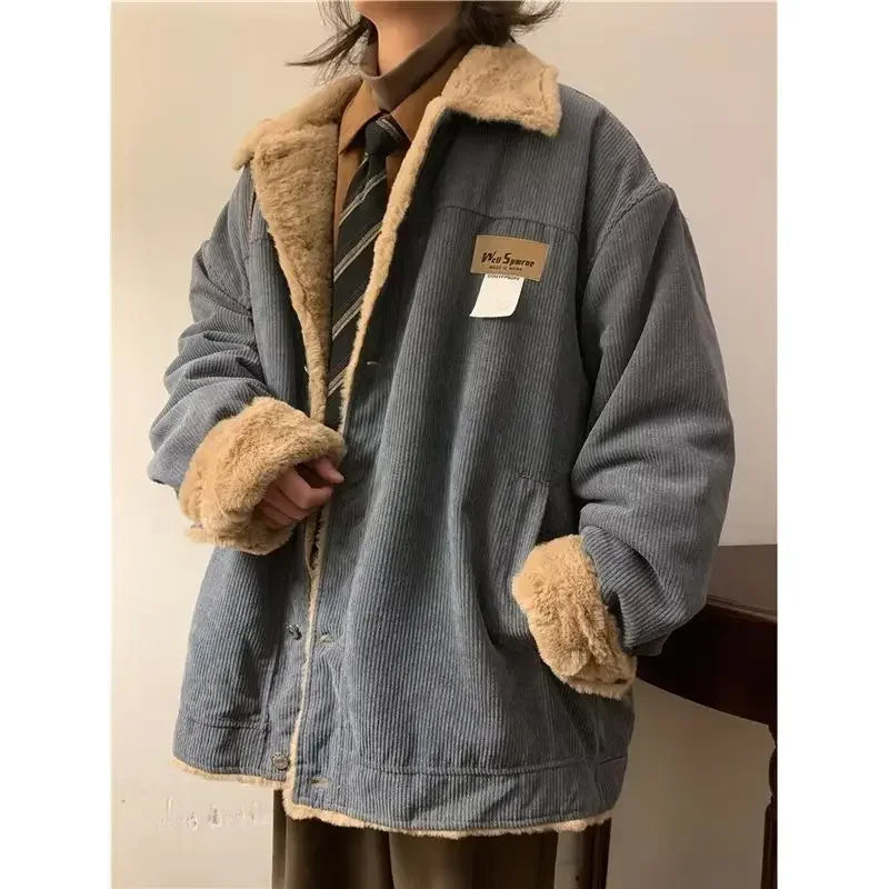 Threebooy Men's Retro Corduroy Padded Jacket Women Winter Loose Casual Thickened Cotton Turndown Collar Single-breasted Long Sleeves Tops