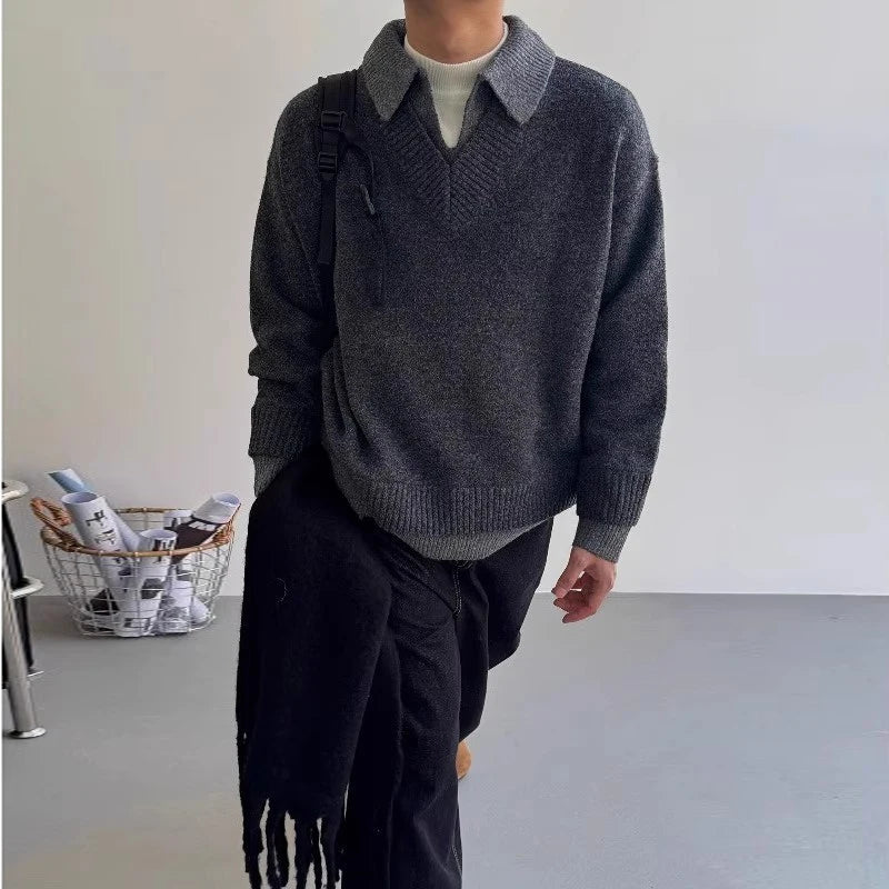 Threebooy  New American Chic Polo Neck Men Sweater Light Luxury Fake Two Piece Knit Pullover Trendy High Quality Long Sleeve Knitwear M-2XL