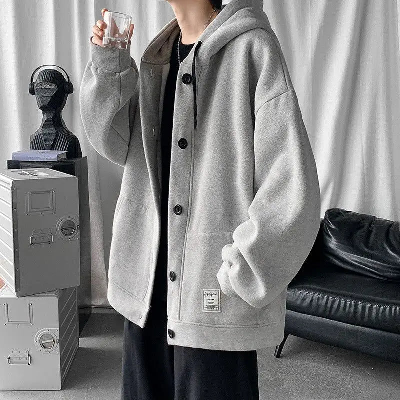 Threebooy  Men's Fall Open-Front Hooded Sweatshirt Streetwear Loose Plain Top HK Vibe Harajuku Chic All-Match Outerwear