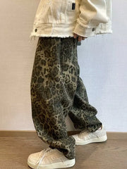 Threebooy  Autumn Tan Leopard Jeans Men Denim Pants Male Oversize Wide Leg Trousers Streetwear Hip Hop Vintage Loose Casual Animal Print