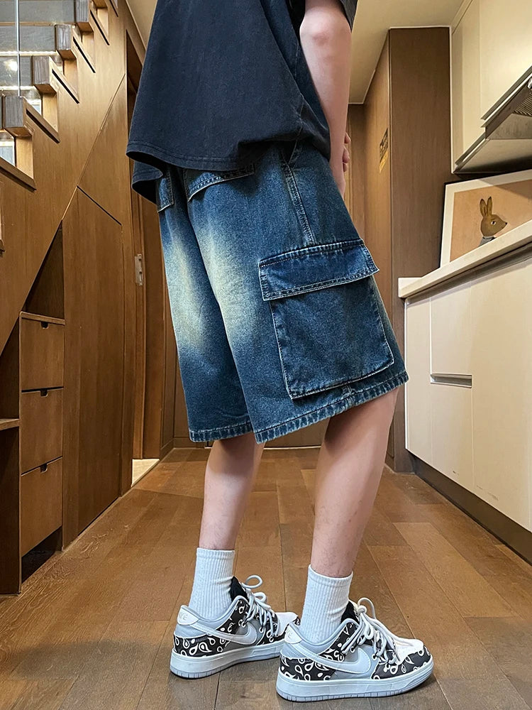 Threebooy  Summer Men's Cargo Denim Shorts Baggy Straight Fashion Casual Wide Leg Short Pants Big Pocket Beach Vacation Short Jeans Male