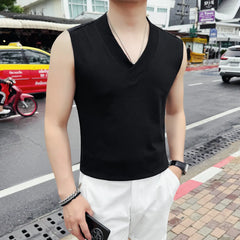 Threebooy  Men's Sleeveless V-neck Vest Summer Fashion New Casual Solid Color T-shirt Elastic Slim Fit Versatile Men's Clothing