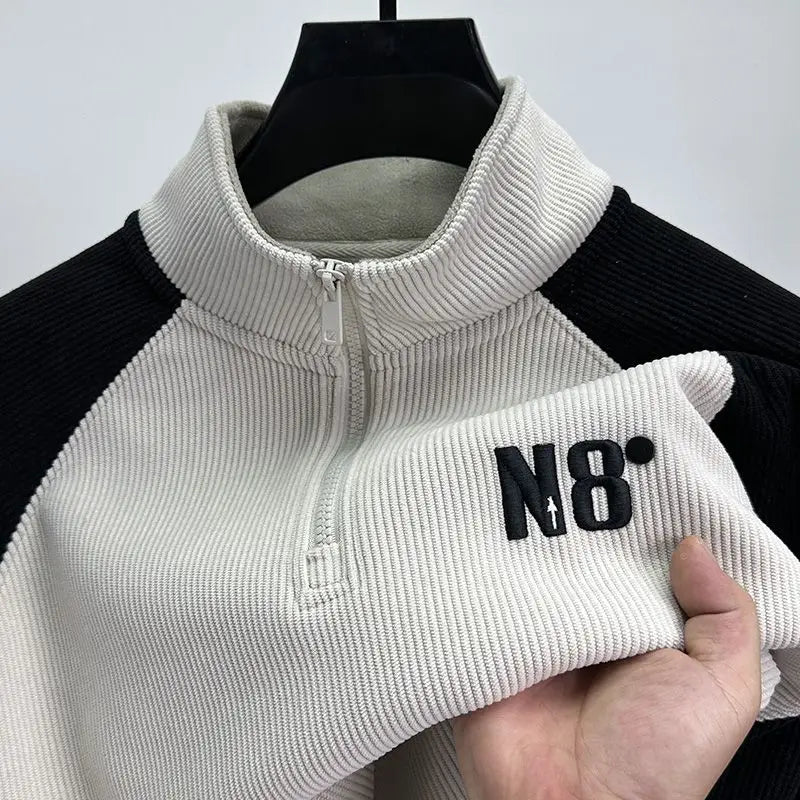Threebooy  High-end Half-high Neck Zipper Sweatshirt Men's Velvet Thickened Trendy Color-blocking Raglan Sleeves Youth Long-sleeved T-shirt