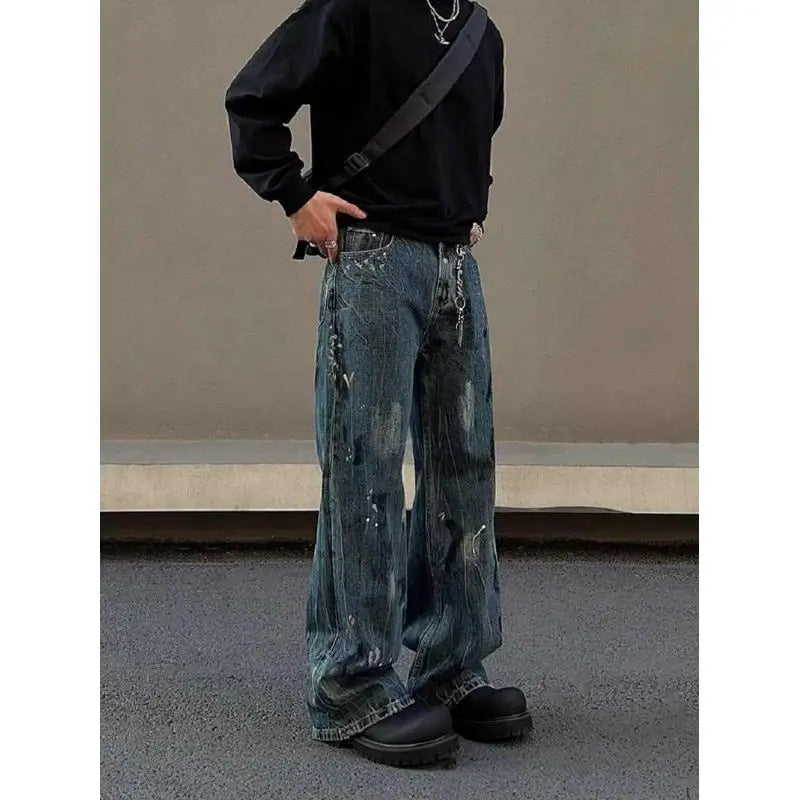 Threebooy Street men and women trendy personality retro blue splashed ink design straight leg jeans couple hip-hop loose casual pants y2k