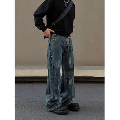 Threebooy Street men and women trendy personality retro blue splashed ink design straight leg jeans couple hip-hop loose casual pants y2k