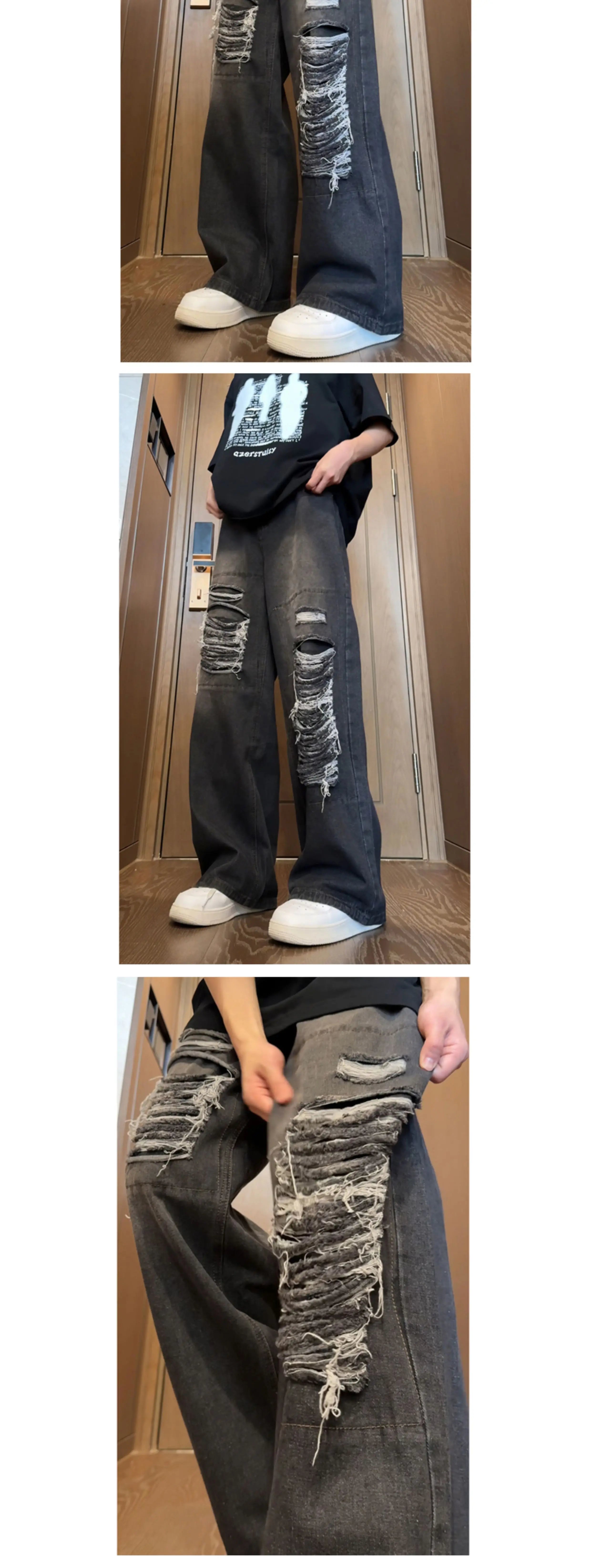 Threebooy Beggar jeans men Vintage Streetwear Ripped Hole Jeans Men Women Harajuku Aesthetic Wide Leg Denim Trousers Unisex Straight Pants