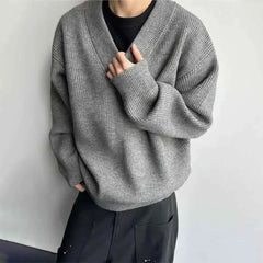 Threebooy  Winter New Men's Solid Color V-Neck Long Sleeve Sweater Korean Retro Fashion Trendy High Street Loose Casual Simple Men's Top