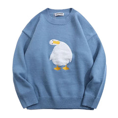 Threebooy Harajuku Oversized Knitwear Sweater Men Cartoon Duck Goose Embroidery Jumpers Japanese Fashion O-Neck Streetwear Couple Unisex