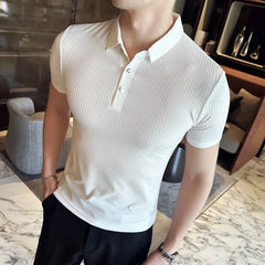 Threebooy Korean Style Men's Summer High Quality Elastic Force Ice Silk Polo Shirts/Male Slim Fit Stripe Casual Polo Shirts 4XL