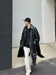 Threebooy 2025 Spring Pu Leather Jacket Men's Mid-length American Retro Long Jacket Lapel Button Coat Trendy Cityboy Windbreaker