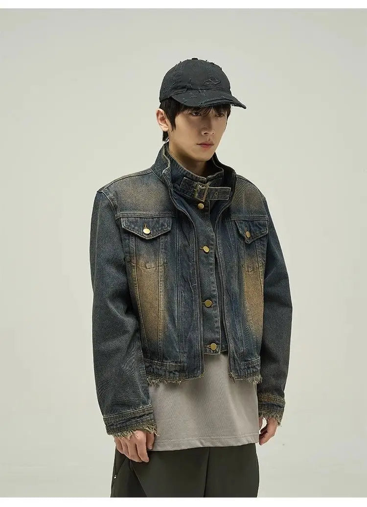 Threebooy Vintage Denim Jacket Man Woman Short Zipper Single Breasted Cowboy Crop Coats Blue Washed Stand Collar Unisex Jeans Outerwear