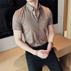 Threebooy  Summer Hipster Design Lapel Shirt for Men Casual Stripe Cotton Soft Slim Fit Short Sleeve Grey Black Tuxedo Shirts S-4XL