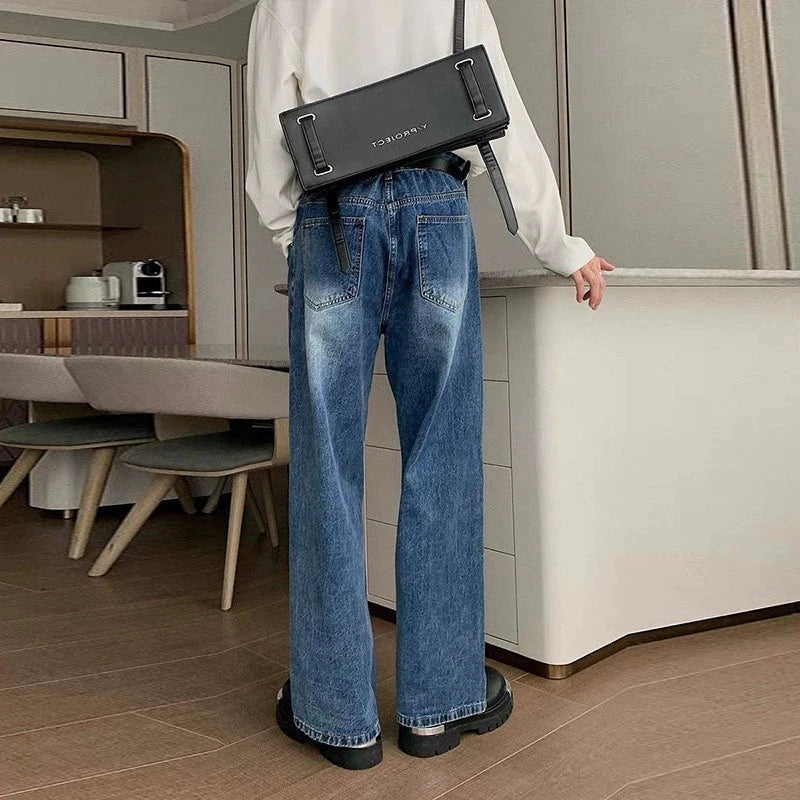Threebooy  New Korean Cleanfit Male Jeans Luxury Naples High Waist Wide Legs Denim Pants Fashion Solid Color Retro Premium Elegant Trousers