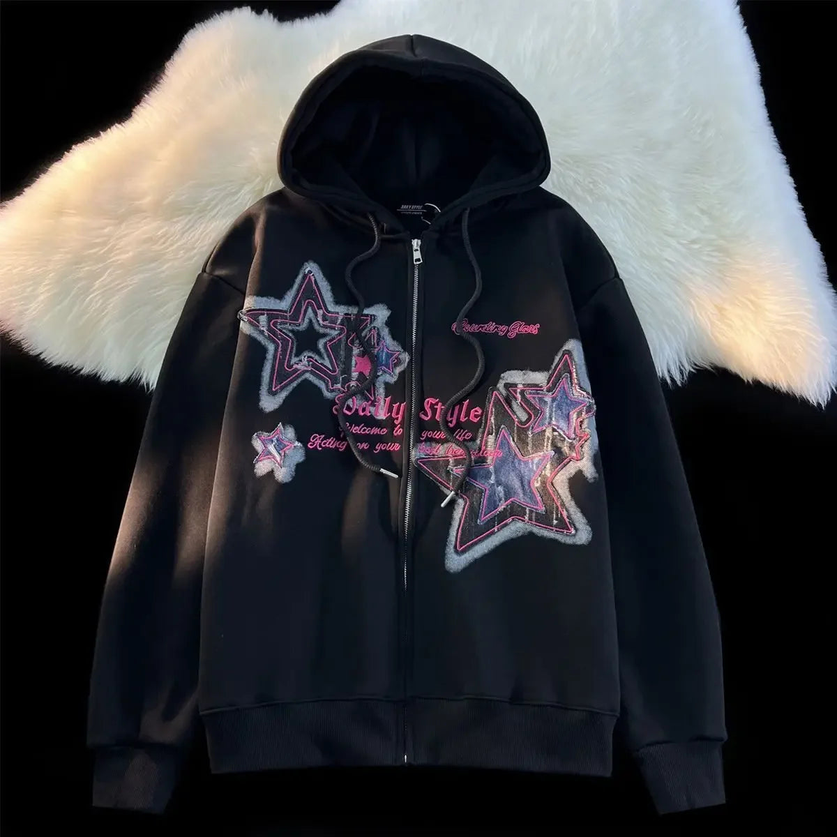 Threebooy Aesthetic Star Print Cardigan Zip Up Sweatshirt Men Women Autumn Winter Loose Tide Brand Couple Hooded Zip Jacket Harajuku Y2k