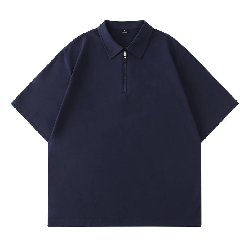 Threebooy  Summer Men's Short Sleeve T-Shirts Half Zipper Turn Down Collar Cotton Solid Loose Tshirt Male Breathable Business Casual Tops