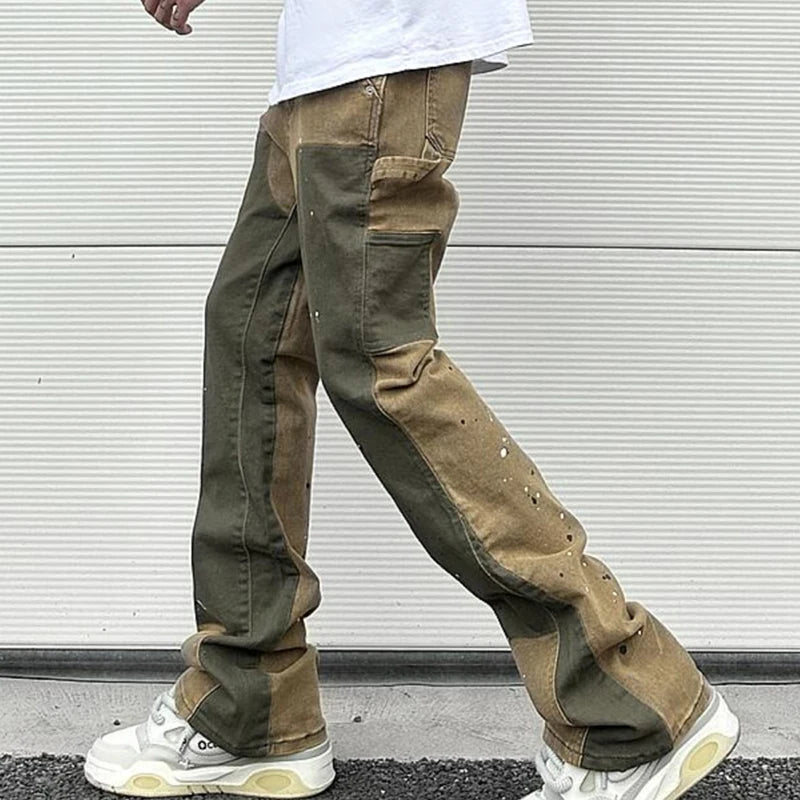 Threebooy Splash Ink Painted Washed Micro Elastic Denim Logging Pants Men's Patchwork Baggy Y2K Jeans Oversized Casual Cargo Trousers