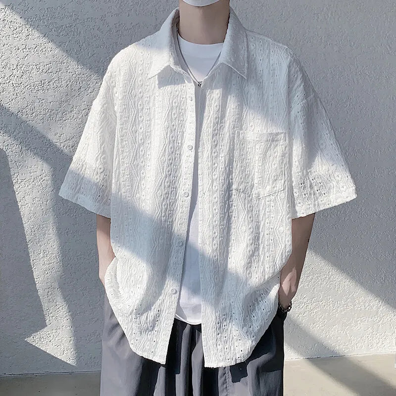 Threebooy  Summer Short Sleeved Shirt Men Casual White Shirt Men Streetwear Hip-hop Loose Hollow Shirt Mens Hawaiian Shirt Plus Size 5XL