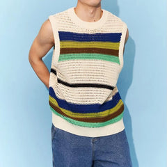 Threebooy Spring New Hollow Stripe Knitwear Sweater Vest 2024 Contrast Color O Neck Casual Tank Tops Korean Fashion Male Sleeveless Tees