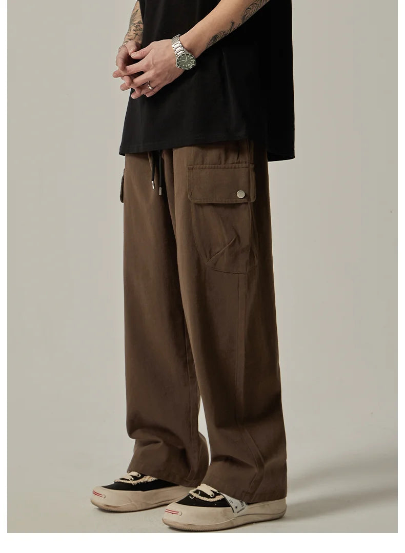 Threebooy Men's Sweatpants 2025 Spring Autumn Vintage Japanese Wide Leg Straight Loose Button Big Pockets Cargo Pants Drawstring Trousers