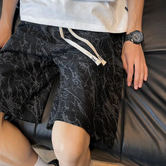 Threebooy  Mens Summer Casual Shorts Marble Pattern Elastic Waist Drawstring Breathable Stretch Comfort Outdoor Beach Lounge Wear Fashion