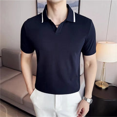 Threebooy  High Quality Elastic V-neck Polo Shirt for Men Lapel Short Sleeved Casual Business T-shirt Ice Silk Cool Sunscreen T-shirt
