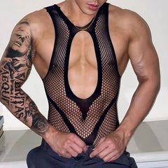 Threebooy Mens Ultra-thin Black Erotic Lingerie Men's Sexy Transparent Mesh Lace Jumpsuit Set See Through Vest Stockings Tights Onesie