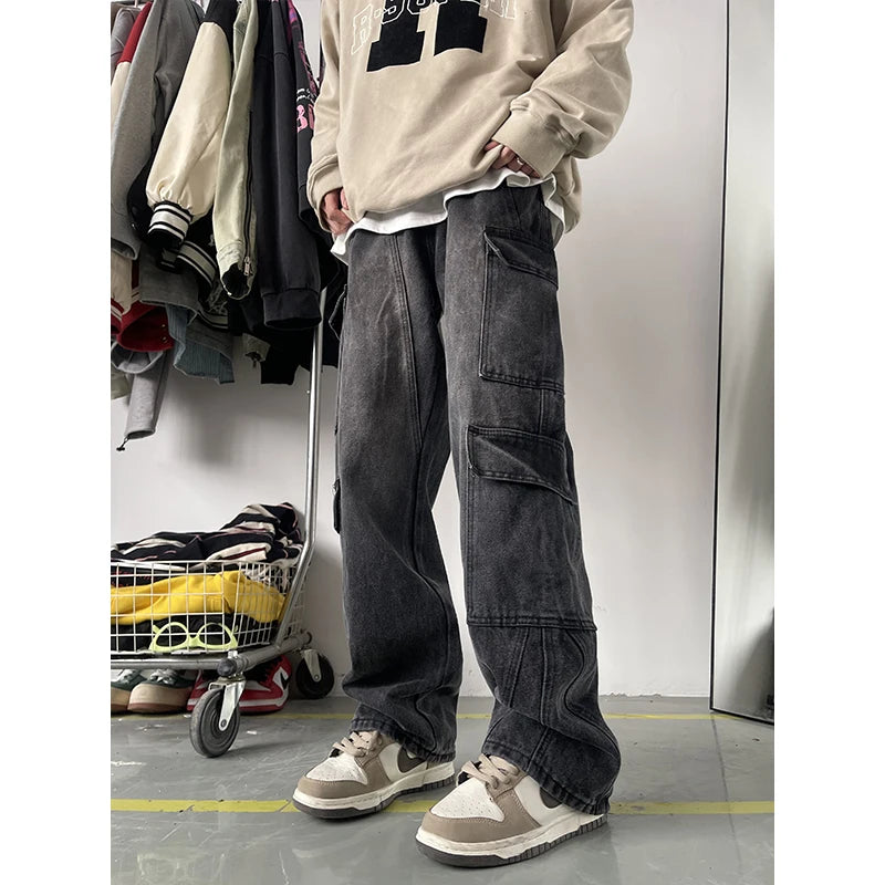 Threebooy  Men's Patchwork Blue Cargo Jeans Unisex Straight Casual Trousers Men Muti-pockets Hip Hop Streetwear 90s Vintage Fashion Pants