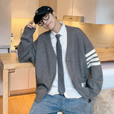 Threebooy Men Korean Clothes Hoodie with Pockets Striped Knitted Sweaters for Men Cardigan Jacket Coat Fun Korean Autumn Loose Fit Warm