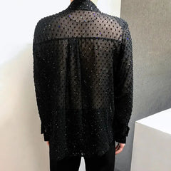 Threebooy Mens Sexy Mesh See-Through Long-Sleeved Shirt Autumn Genderless Fashion Youth Nightclub Shiny Breathable Performance Top Unisex