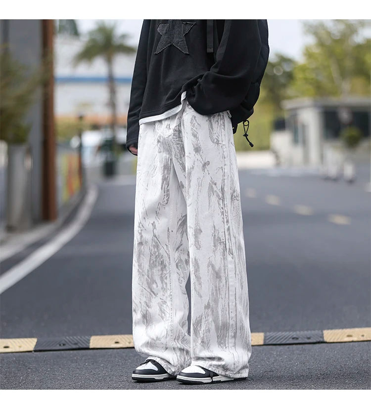 Threebooy Jeans Mens Classic Straight Leg Jeans White Tie Dye Denim Pants Unisex Fashion Casual Trousers Streetwear Hip Hop Style Washed