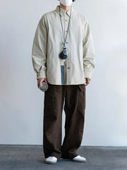 Threebooy  Japanese Style Solid Retro Loose Casual Long Sleeve Shirt Men Spring Autumn New Season Color Block Collar Jacket Trend