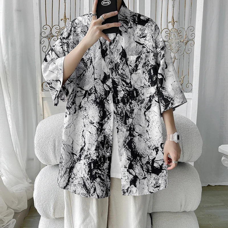 Threebooy Men Hip Hop Harajuku Shirt Painting Graffiti Color Streetwear Loose Short Sleeve Trend Fashion Beach Shirts Casual Button Tops