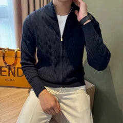 Threebooy Autumn Retro Men's Zipper Cardigan Jacket Trending Jacquard Solid Color Long Sleeve Sweater Coats Premium Quality Knit Outerwear