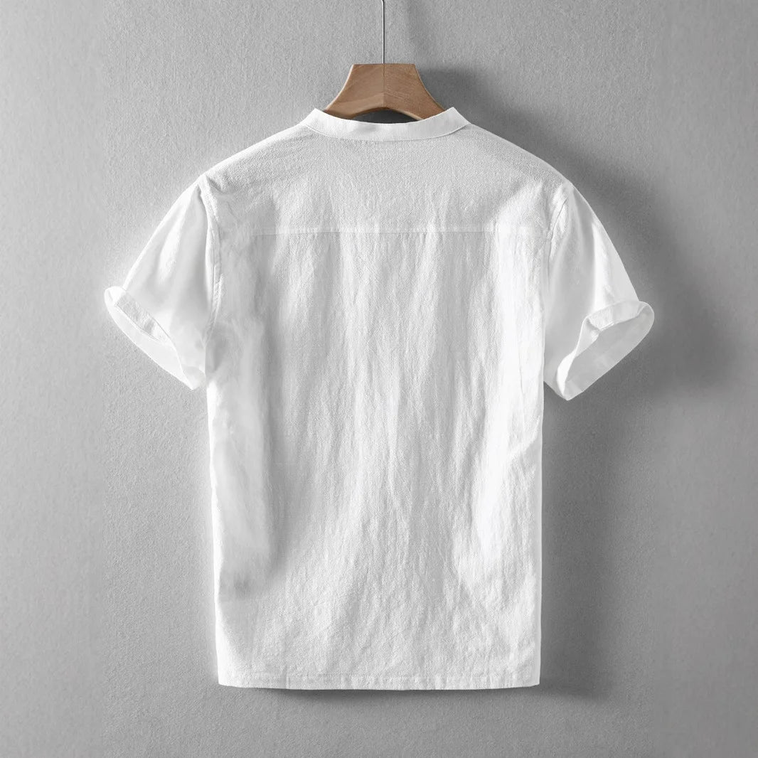 Threebooy Summer Men's Stand Collar Cotton Linen Shirt Casual Button Short Sleeve Beach Shirts Hawaiian T Shirts For Men