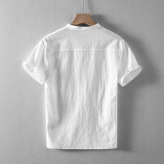 Threebooy Summer Men's Stand Collar Cotton Linen Shirt Casual Button Short Sleeve Beach Shirts Hawaiian T Shirts For Men