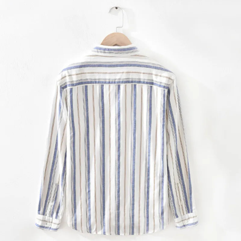 Threebooy  Fashion Japan Style Men Linen Cotton Shirts Casual Stripe Long Sleeve Tops Single Breasted Male Loose Vintage Versatile Shirt