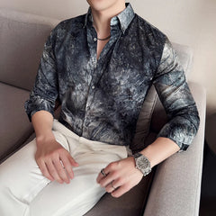 Threebooy  Brand Tie Dye Long Sleeved Shirt for Men Summer Slim Fit Casual Business Dress Shirts Fashion Office Social Streetwear Shirt