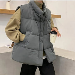 Threebooy Casual Men Waistcoat Loose Stand Collars Sleeveless Zipper Vest Coats Autumn Winter Korean Chic Streetwear Man Coats